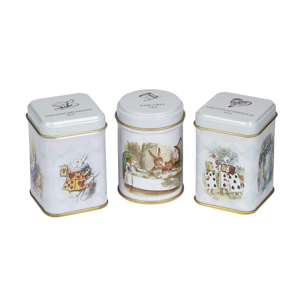 New English Teas front view of three Alice in Wonderland tins, ideal for gifting