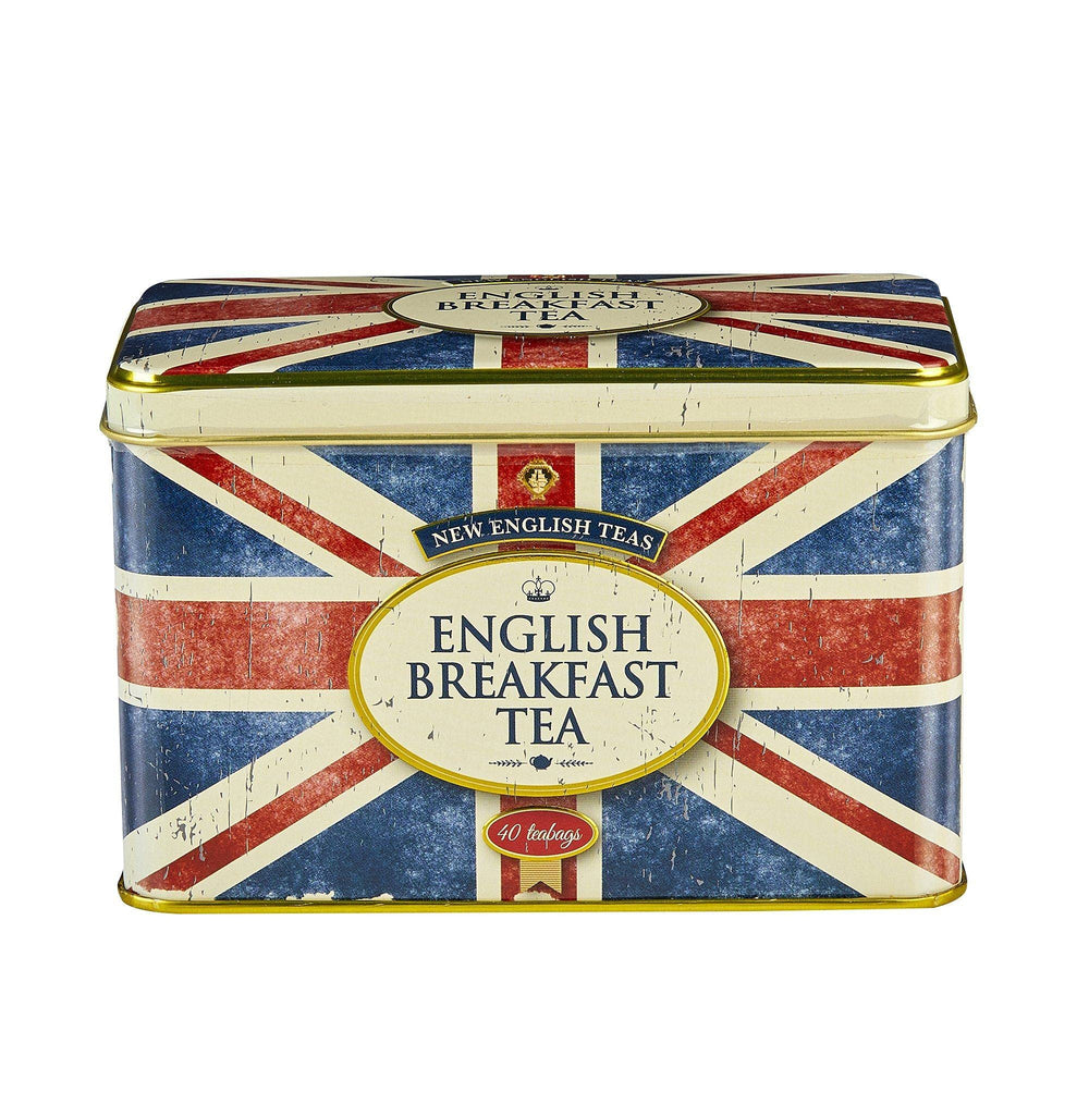 New English Teas front tin showing Union Jack, decorative and protective