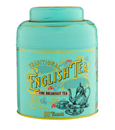 New English Teas front view of teal Victorian tin showing floral artwork and label