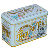 New English Teas powder blue tin front view showing vintage design and elegant presentation