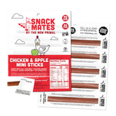 New Primal front packaging showing 10-count mini chicken and apple sticks and benefits