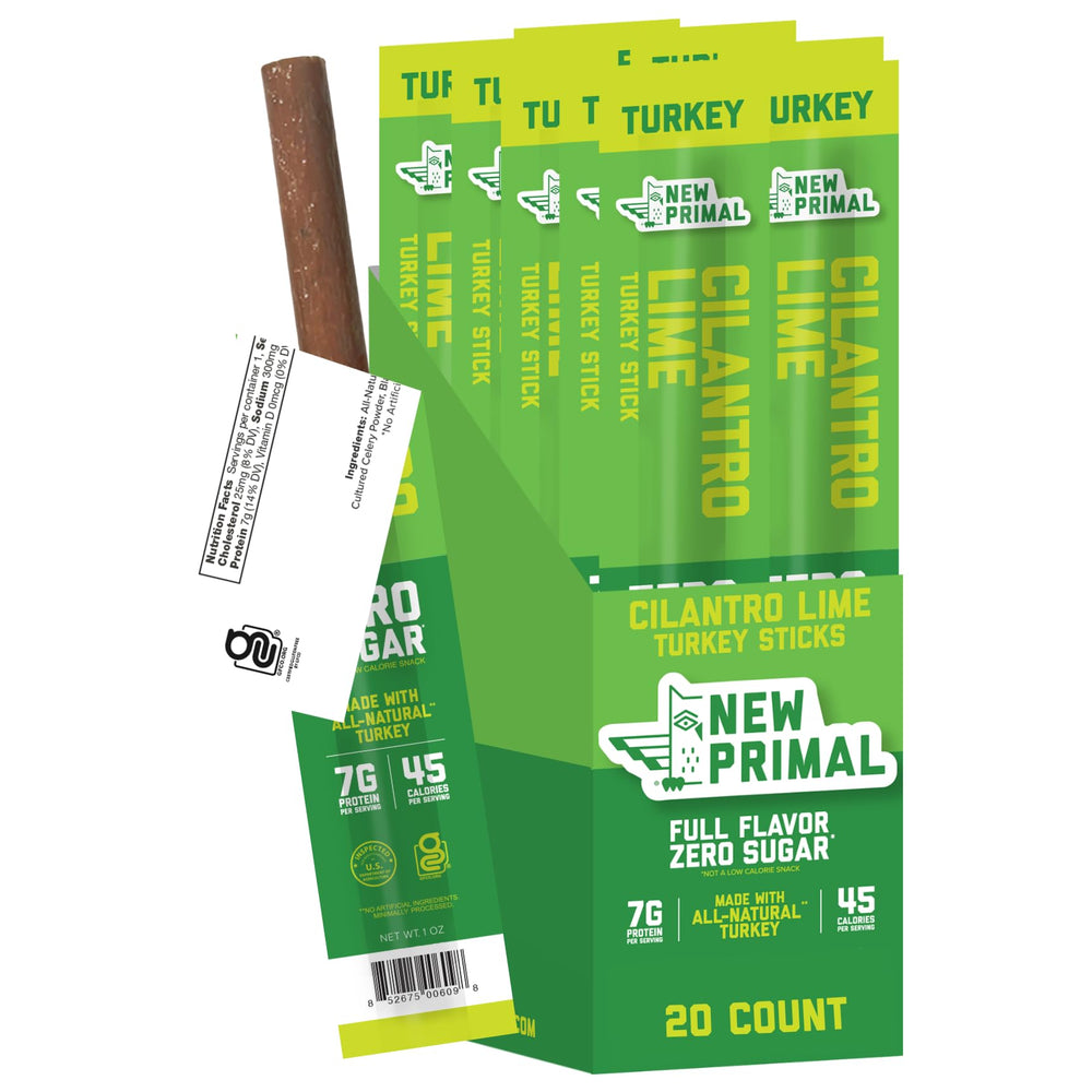 The New Primal front box showing 20-count cilantro lime turkey sticks for easy storage