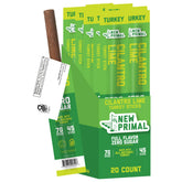 The New Primal front box showing 20-count cilantro lime turkey sticks for easy storage