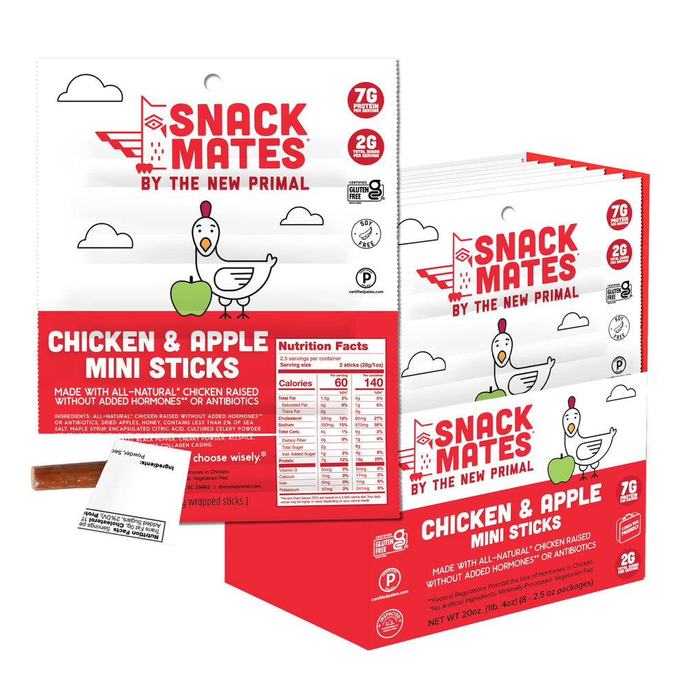 The New Primal front packaging shows chicken and apple flavor and portioned bags
