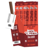 The New Primal front packaging showing 20-count spicy beef sticks, highlights convenience and quality