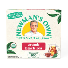 Newman's Own individually wrapped tea bag with tag, highlighting freshness