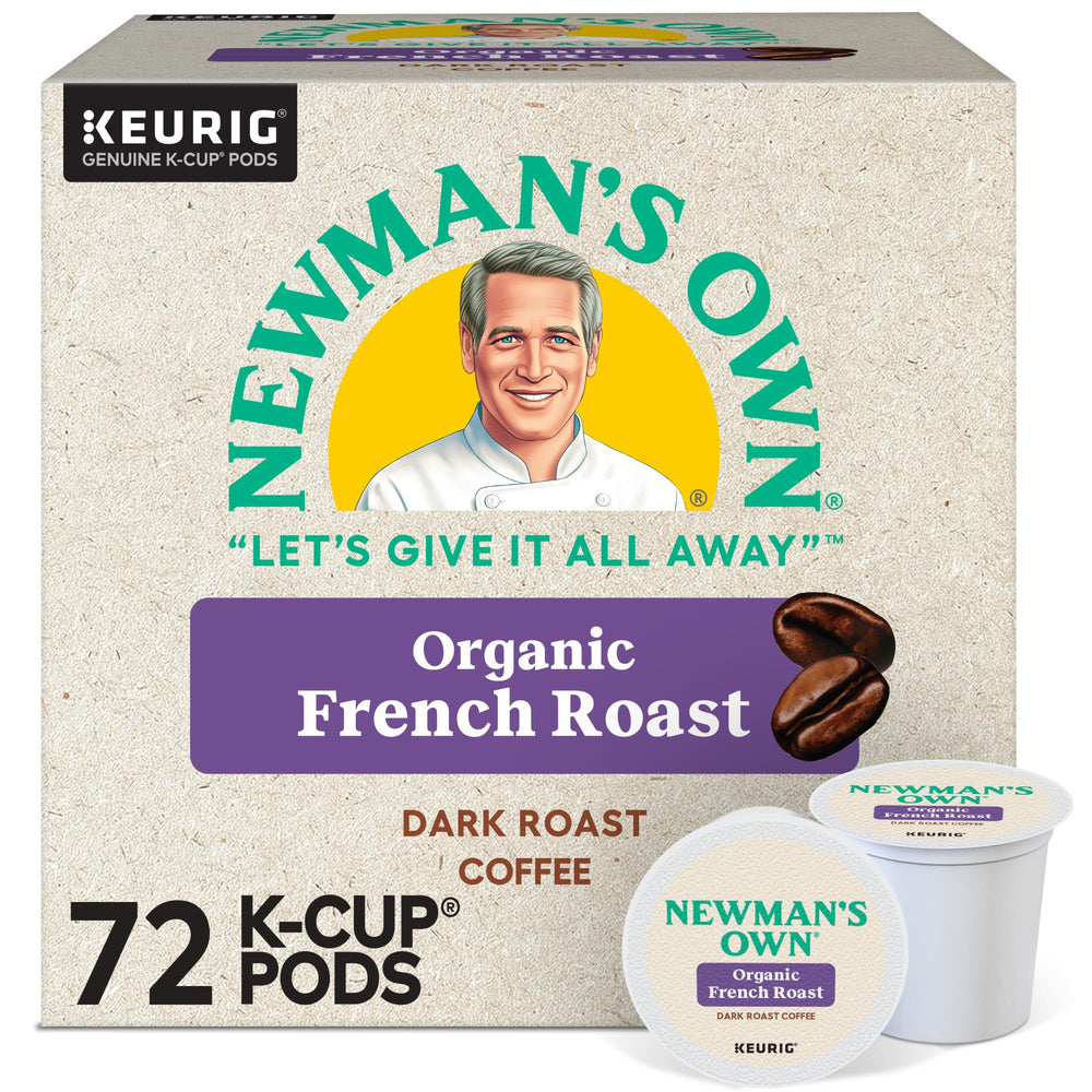 Newman's Own box front showing French Roast pods and organic label benefit