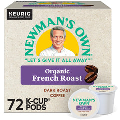 Newman's Own box front showing French Roast pods and organic label benefit