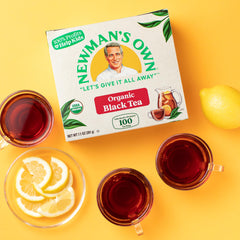 Newman's Own individually wrapped tea bags open to show foil protection and freshness