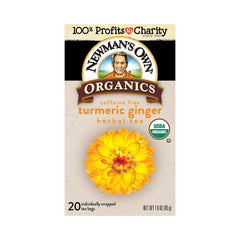 Newman's Own brewed turmeric ginger tea cup showing golden color and warmth