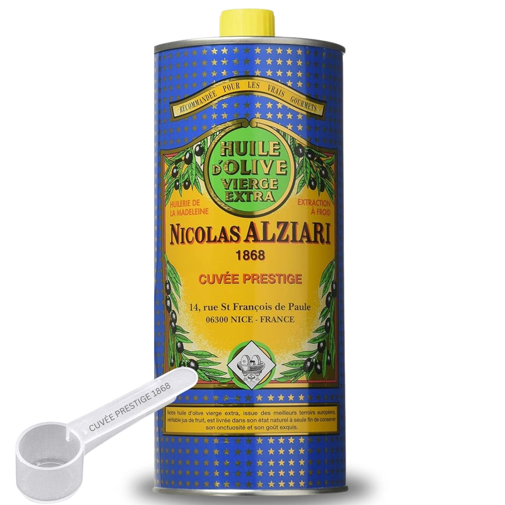 Nicolas Alziari front bottle view showing French extra virgin olive oil and clear branding benefit: authentic origin