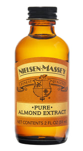 Nielsen-Massey front bottle clear label showing premium almond extract benefit: authentic flavor