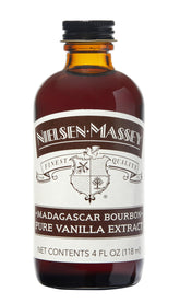 Nielsen-Massey front bottle showing clear vanilla extract and elegant label, conveys premium flavor