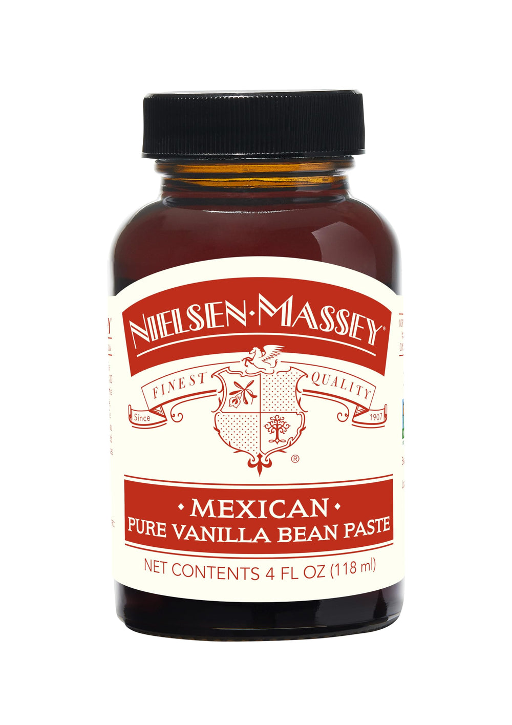 Nielsen-Massey front bottle view showing label and 4 oz packaging benefit: clear origin