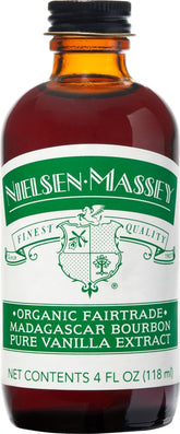 Nielsen-Massey front packaging showing organic certification and fairtrade benefits