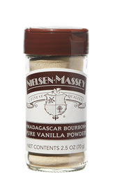 Nielsen-Massey vanilla powder front jar showing branding and 2.5 oz size, clear use guidance