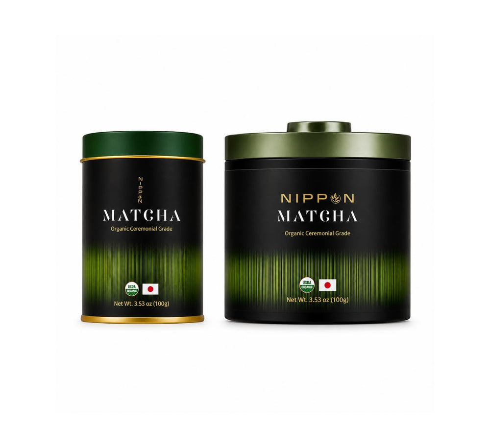 NIPPON MATCHA tin front view showing clean branding and resealable lid benefit