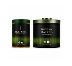 NIPPON MATCHA tin front view showing clean branding and resealable lid benefit