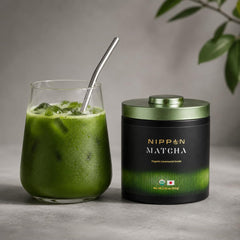NIPPON MATCHA powder texture close-up showing fine stone-ground particles