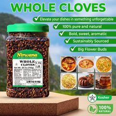 Bowl of Nirwana whole cloves beside measuring spoon showing generous 28oz supply benefit