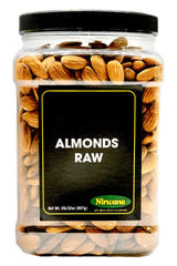 Nirwana raw almonds jar front view showing packaging and quantity benefit