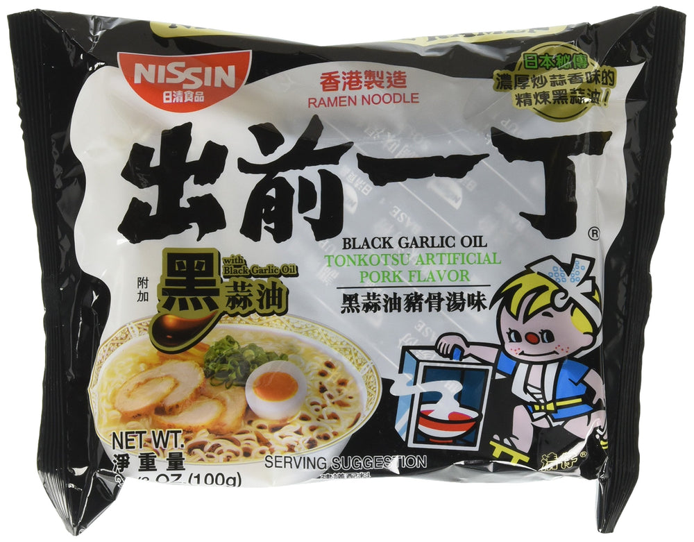 NISSIN front packaging showing black garlic oil tonkotsu ramen and quick-prep benefit