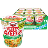 NISSIN cup noodles pack front showing 12-cup case and label benefits