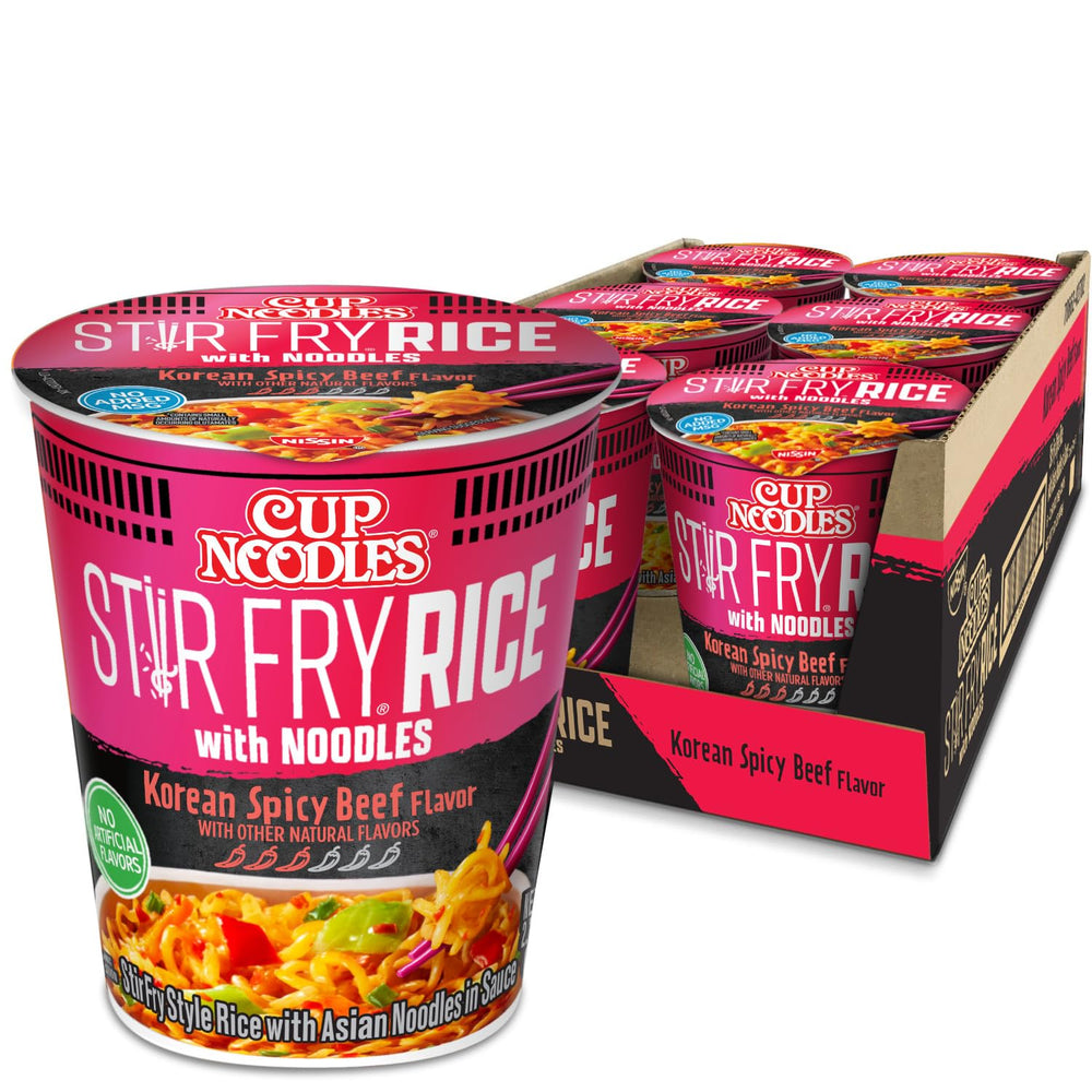 NISSIN front packaging showing Korean Spicy Beef cup for quick flavorful meals