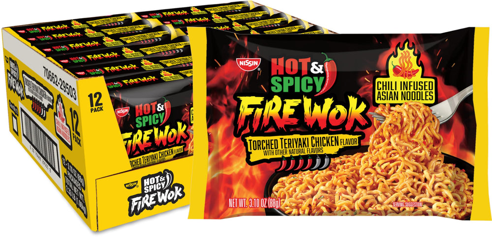 Nissin Fire Wok front packaging showing torched teriyaki label and spice benefits