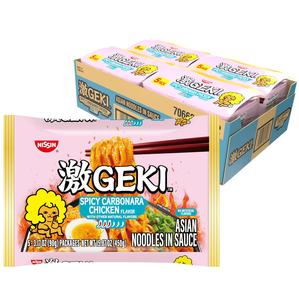 NISSIN Geki front packaging showing bold branding and spicy carbonara appeal