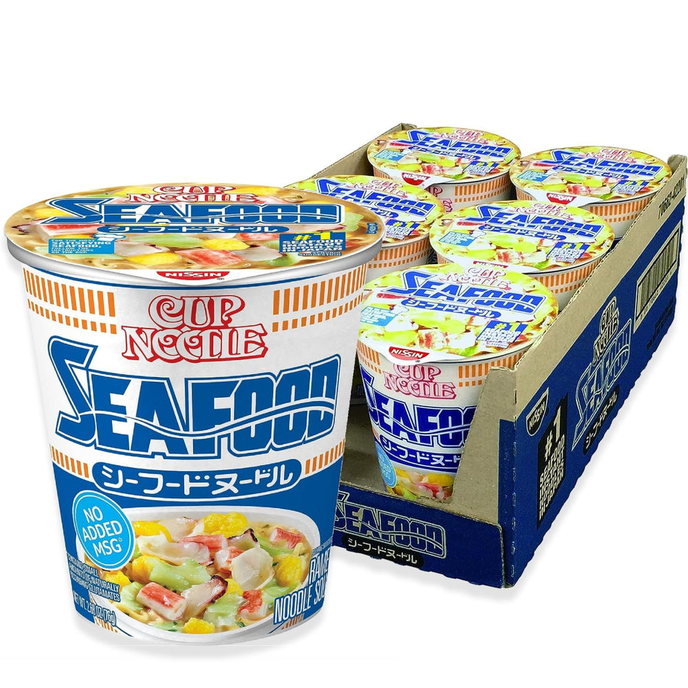 NISSIN front packaging of Seafood Cup Noodles showing cup artwork and branding for quick selection