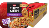 NISSIN front packaging showing teriyaki chicken chow mein, quick meal ready