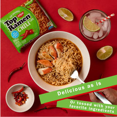 NISSIN open bowl of prepared chili ramen ready to eat for quick meals