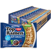 NISSIN Top Ramen front packaging showing soy sauce flavor and pack size, quick pantry option