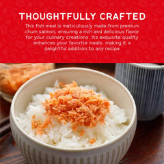 Nissui salmon flakes atop steamed rice bowl adding savory flavor