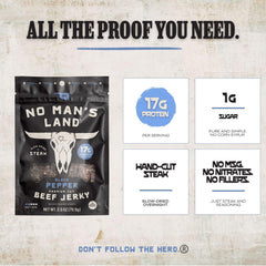 No Mans Land close-up of jerky strips highlighting hearty steak texture and chew
