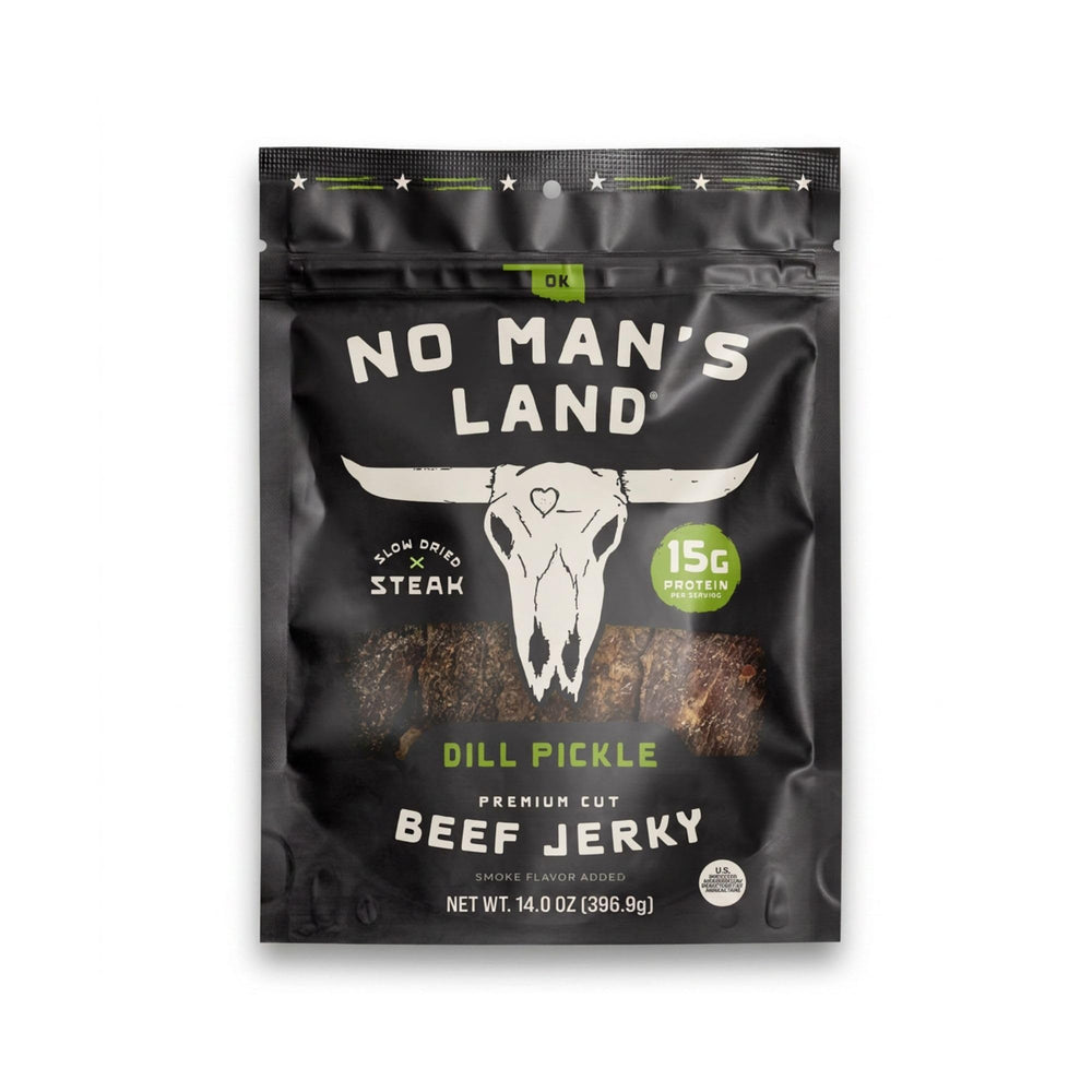 No Man's Land front packaging dill pickle 14oz showing bold label and size benefit