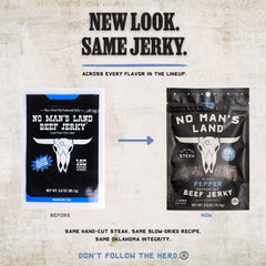 No Mans Land jerky held in hand to show portion size and on-the-go convenience