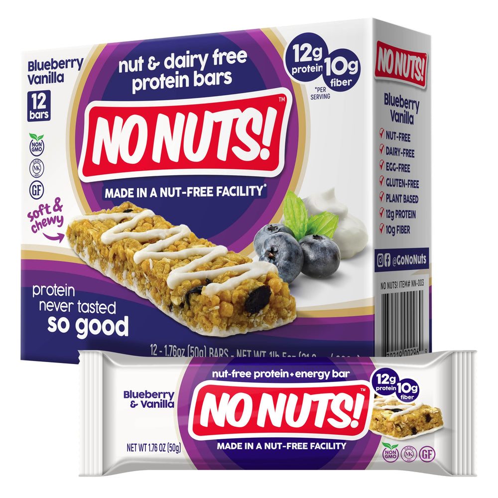 No Nuts! front packaging showing blueberry and vanilla flavor and nut-free benefit
