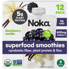 NOKA front packaging showing blackberry vanilla pouch and 12-pack convenience