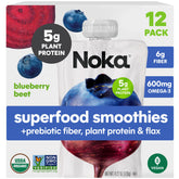NOKA front packaging showing 12 organic blueberry beet pouches for easy snacking