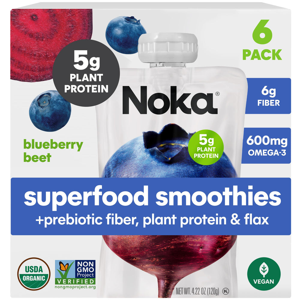 NOKA pouch front packaging showing blueberry beet benefit of organic convenience