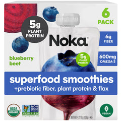 NOKA pouch front packaging showing blueberry beet benefit of organic convenience
