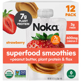NOKA front pack showing organic strawberry peanut butter and benefits
