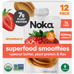 NOKA front pack showing organic strawberry peanut butter and benefits