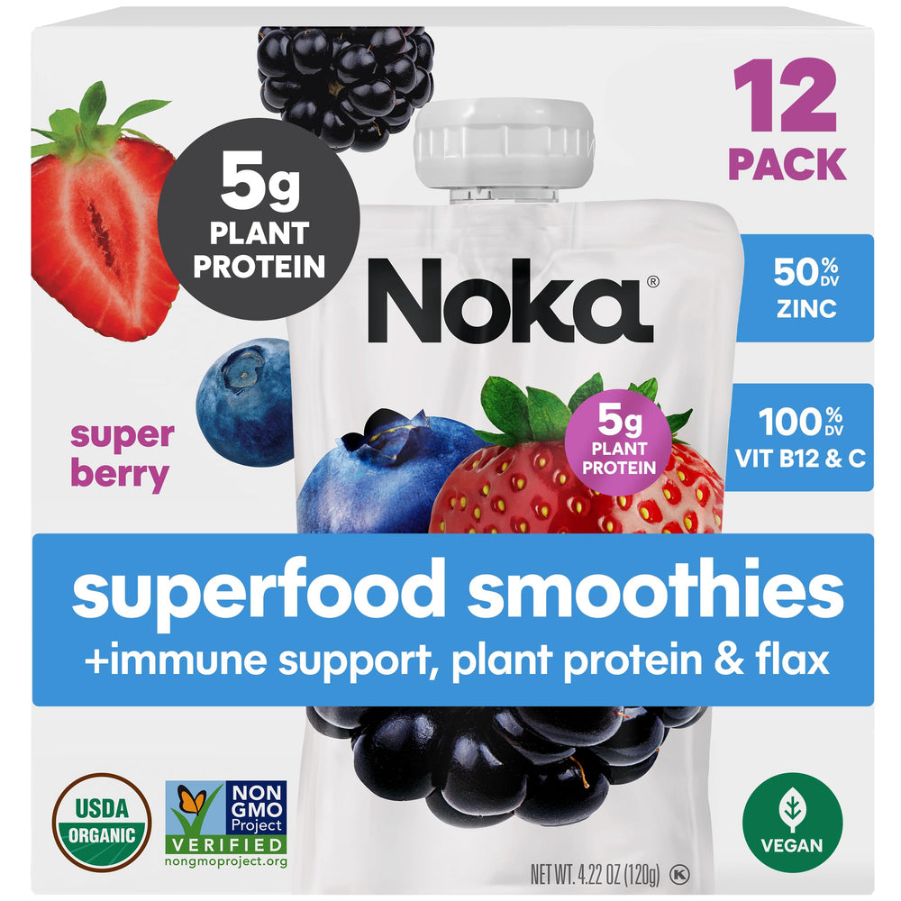 NOKA front packaging showing 12-pack and organic label, convenient snack