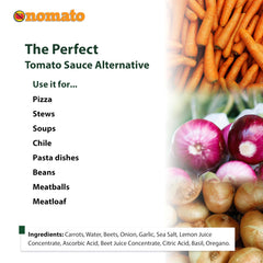 Nomato displayed with carrots beets celery lemon and garlic highlighting vegetable base