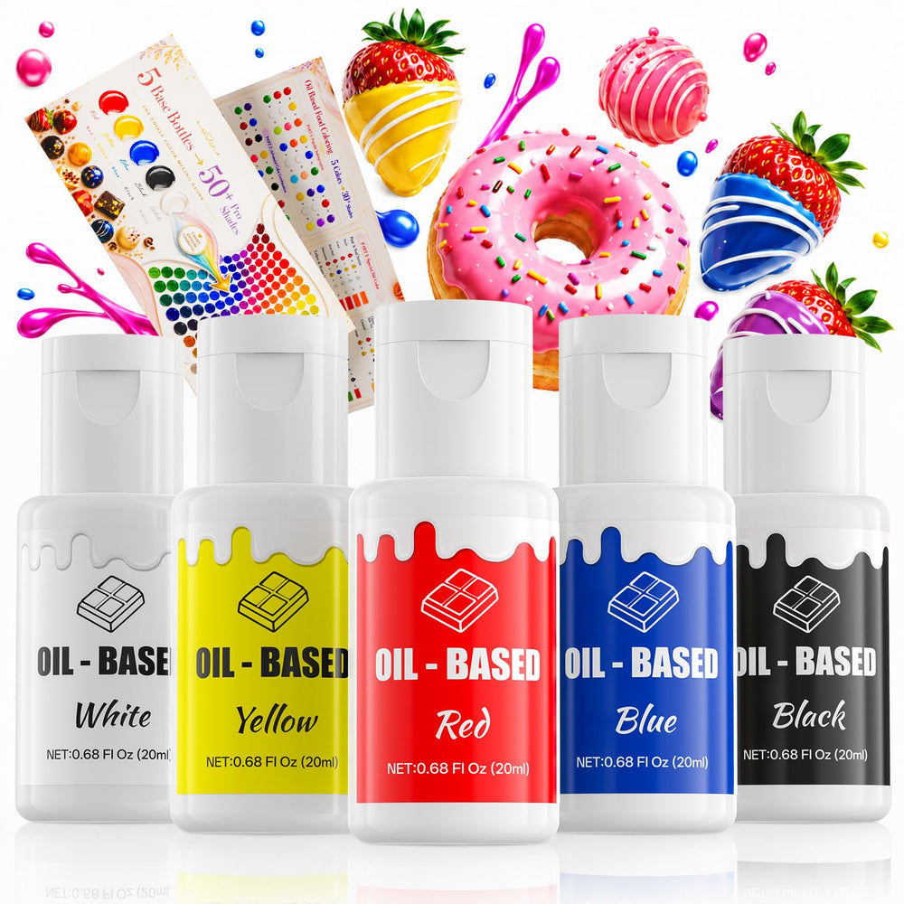 Nomeca front packaging showing five oil-based colors, ensuring vibrant chocolate results
