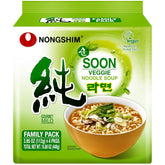 Nongshim front packaging showing vegan four-pack and product labeling benefits