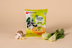 Nongshim served bowl in kitchen setting illustrating comforting vegan meal